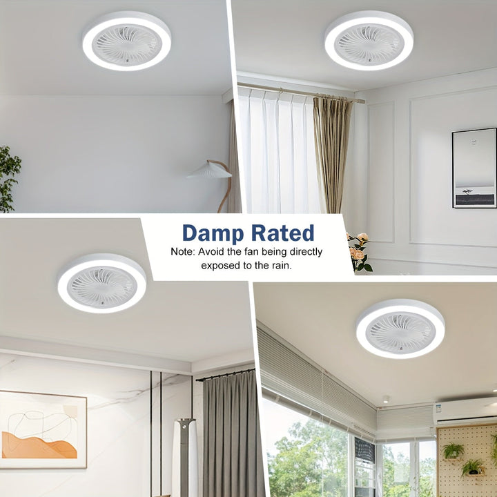Ventilateur de plafond LED moderne, éclairage dimmable et fonctionnement silencieux.