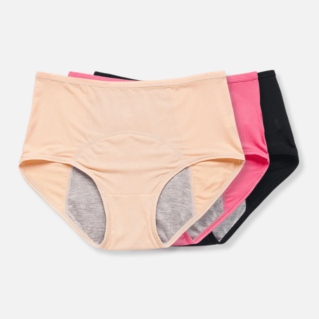 Modèle portant discrètement une culotte anti-fuite, soulignant son invisibilité sous les vêtements.