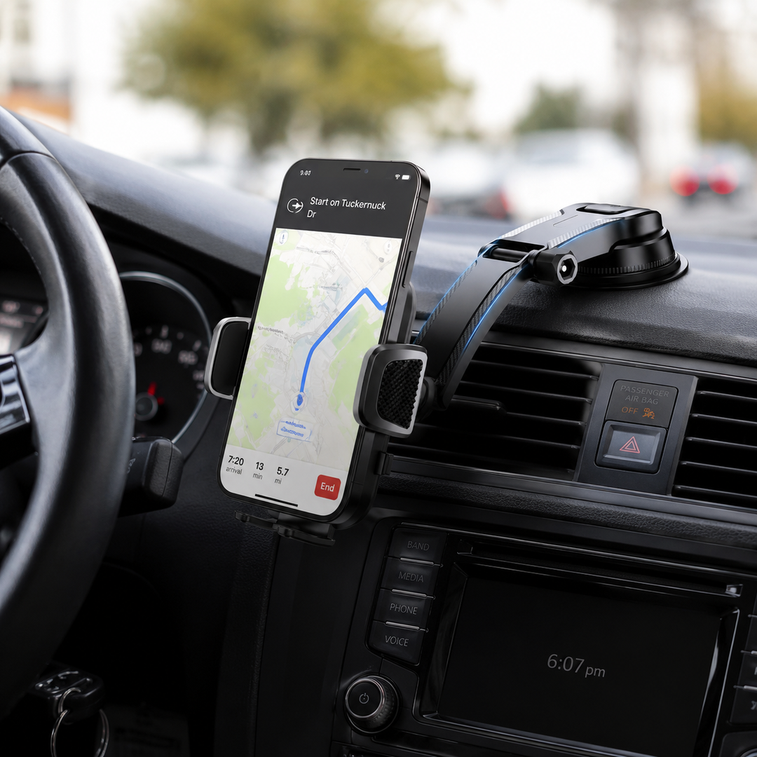 Accessoire auto noir ajustable pour tableau de bord. Support téléphone avec rotation 360 degrés.