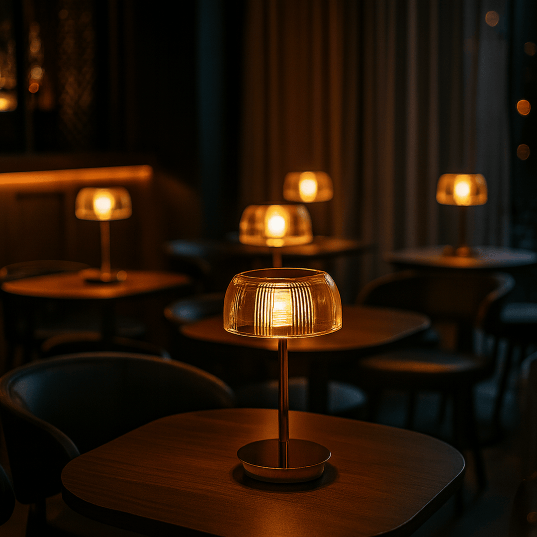 Lampe de table LED sans fil design, abat-jour dôme strié, idéale pour salon, chambre moderne.