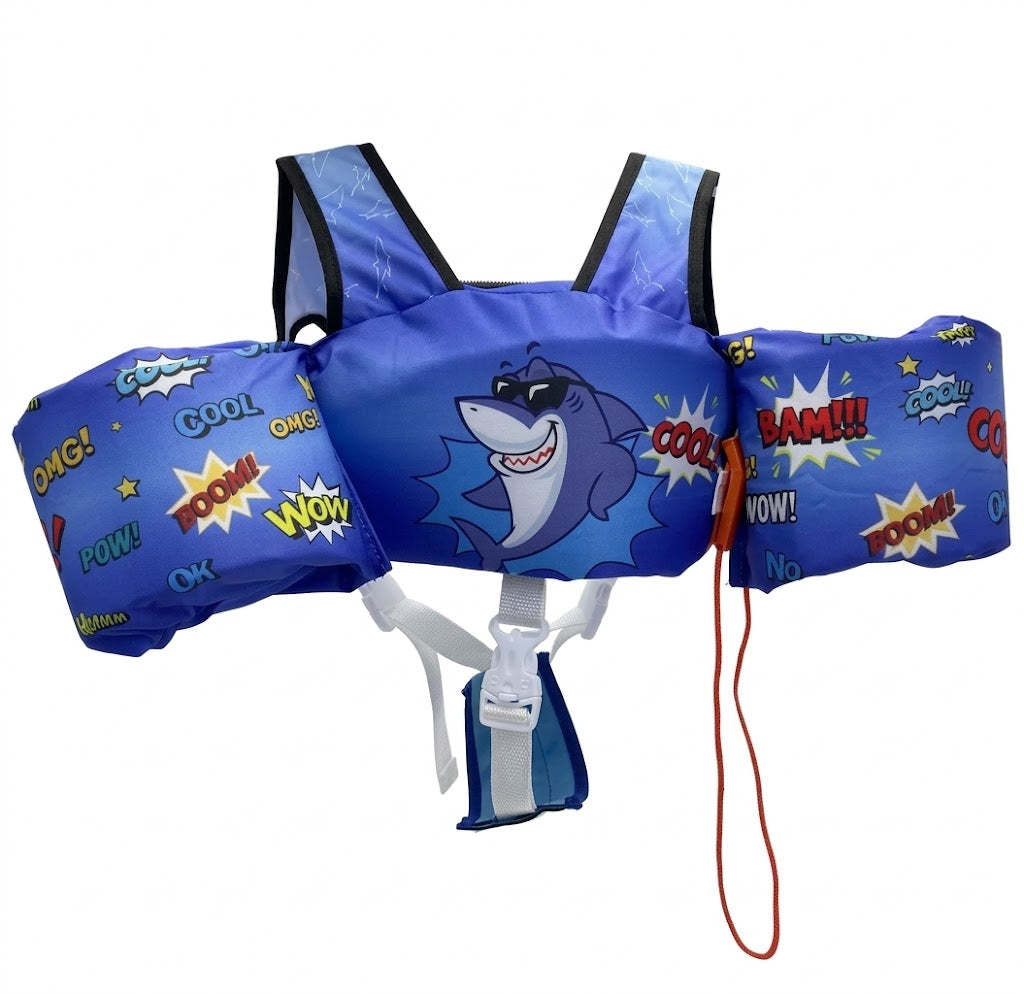Enfant avec gilet de sauvetage DinoGuard, sécurité natation, activités aquatiques. Flottabilité sûre.