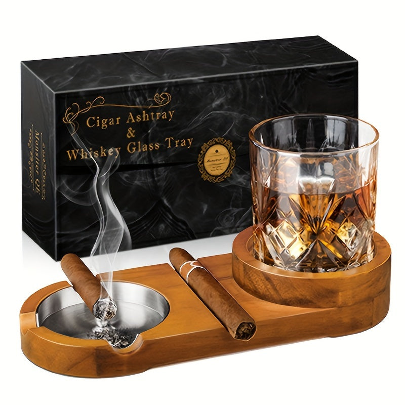 Cendrier élégant et plateau à whiskey pour homme, parfait pour un bureau ou salon.