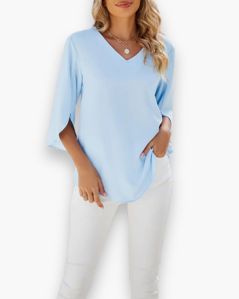 Blouse femme polyvalente col V, idéale mode printemps-été, style décontracté chic.
