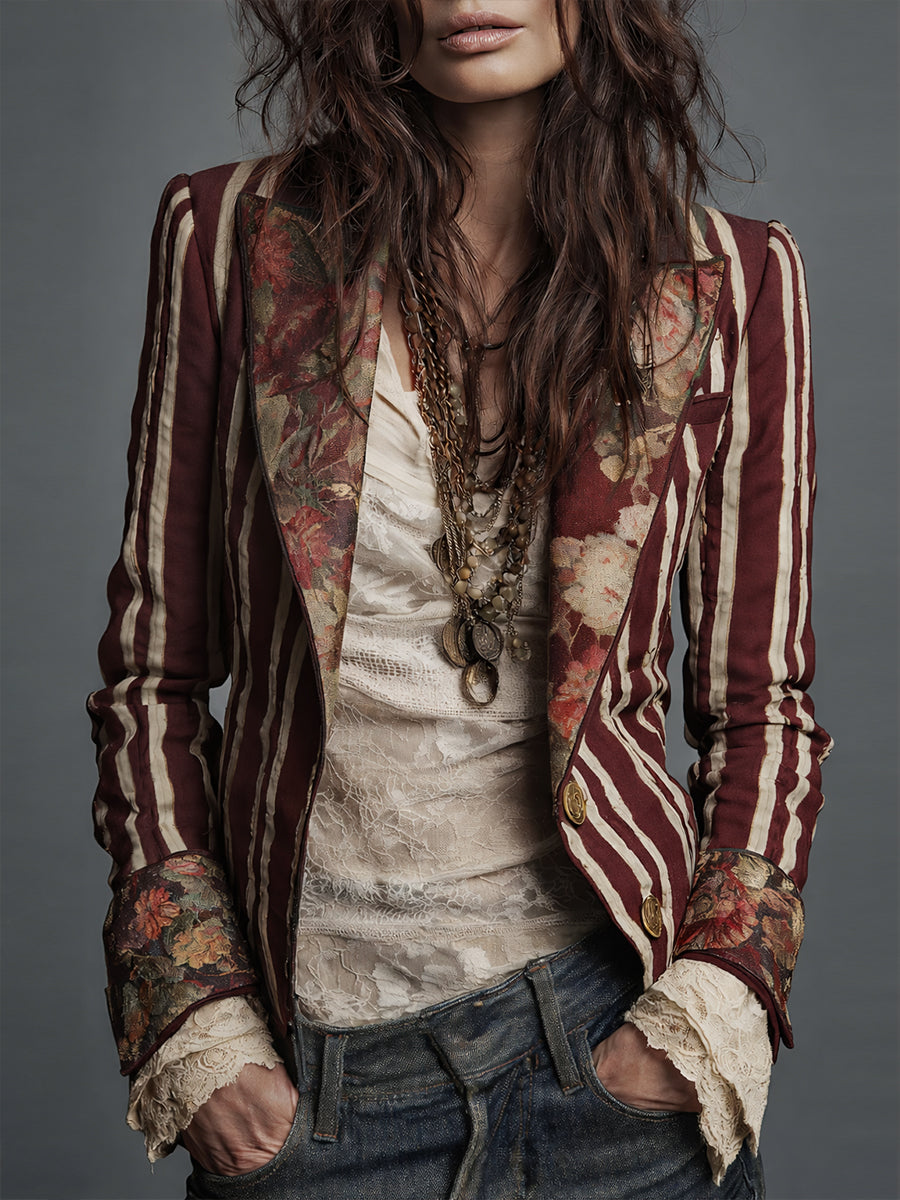 Veste femme style bohème, rayures et fleurs vintage, idéale pour une tenue chic décontractée.
