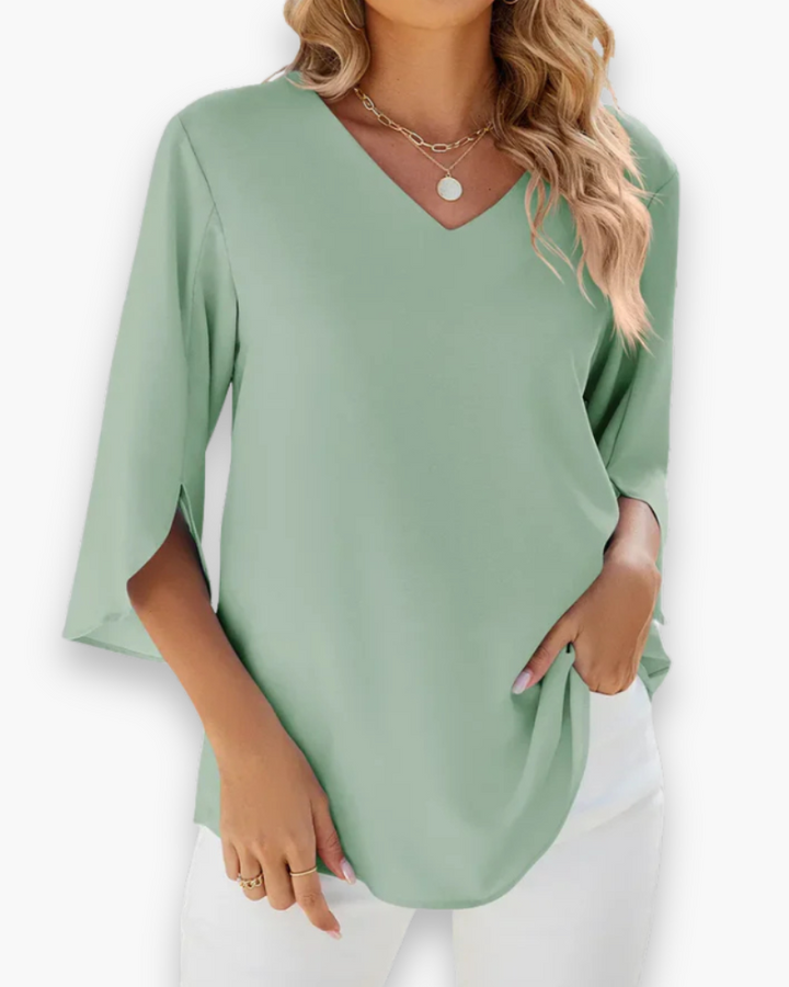 Blouse femme col V, style décontracté chic, parfaite pour la mode quotidienne et l'été.