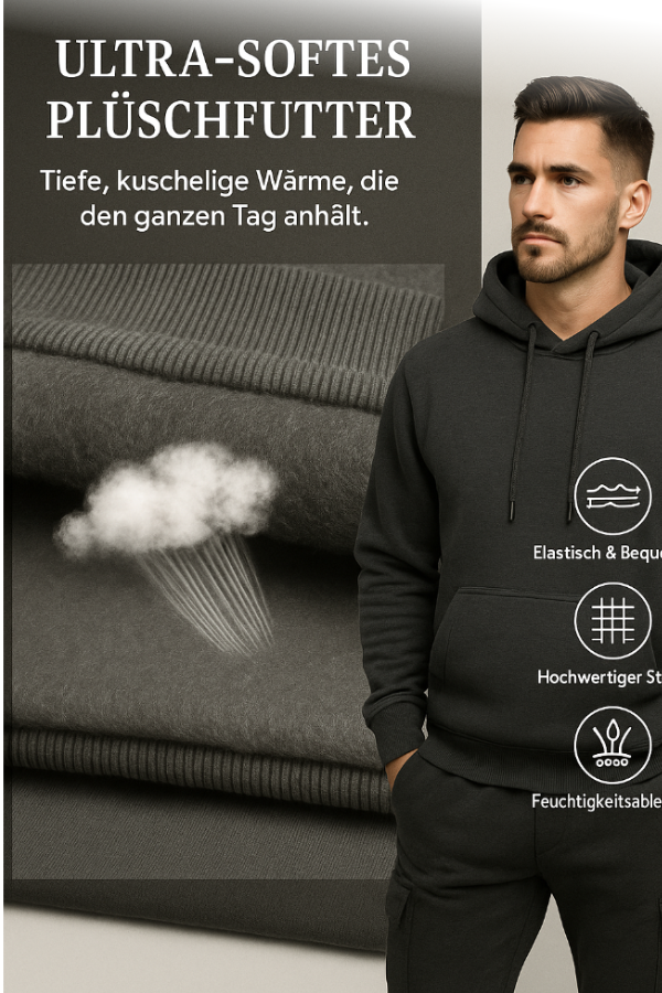 Sweat à capuche et pantalon de survêtement homme Alex. Ensemble hiver sportif pour un look décontracté, chaud et polyvalent.