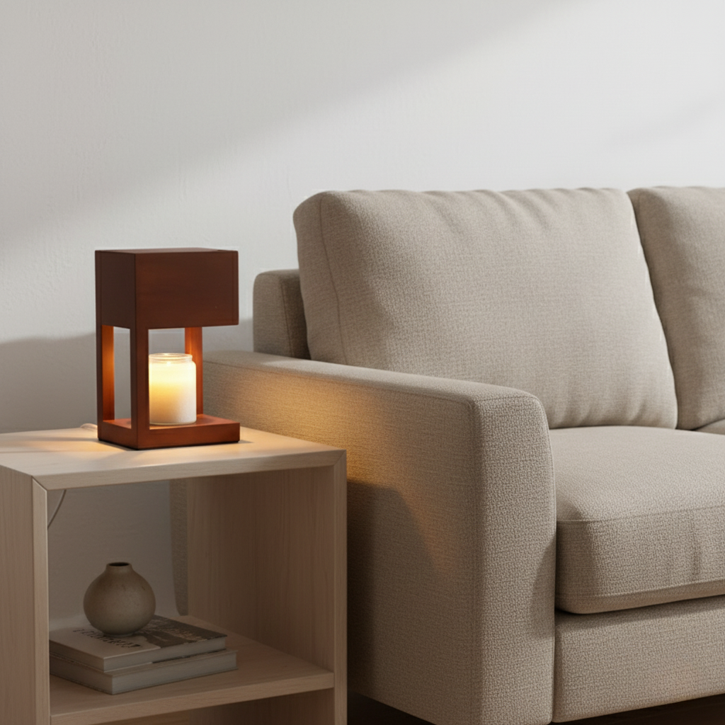 Design scandinave minimaliste : lampe réchauffe-bougie pour une ambiance maison raffinée.