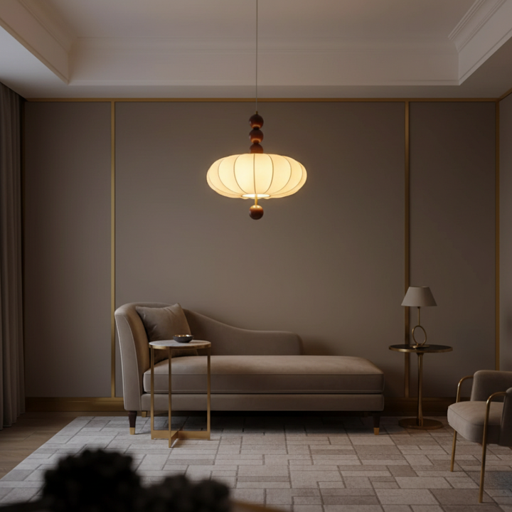 Plafonnier design Japandi Mi-Siècle, Voile d'Ivoire, apporte une touche moderne au salon ou à la salle à manger.