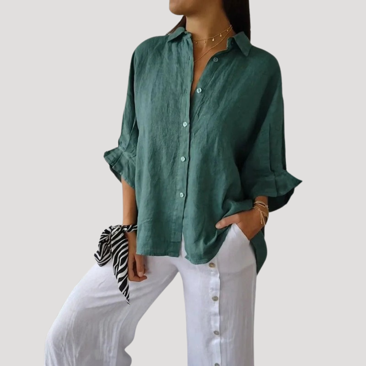 Vêtement femme: Blouse fluide printemps-été, coupe ample décontractée avec de longues manches.
