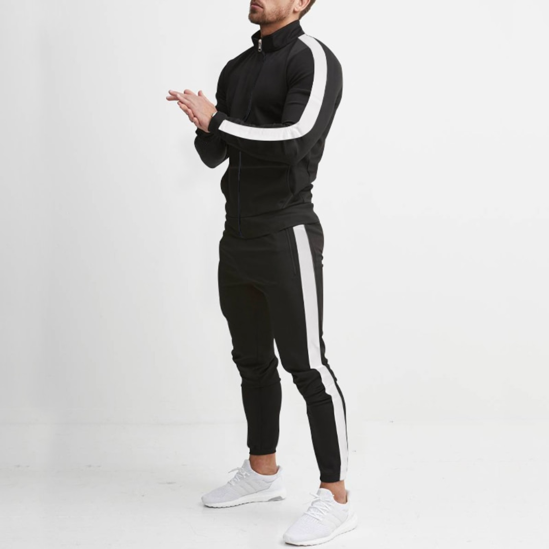 Jogging sport homme noir deux pièces, ensemble luxe en polyester pour détente ou entraînement quotidien.