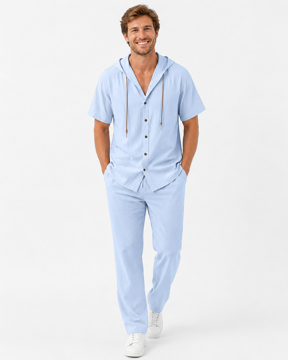 T-shirt à capuche manches courtes et pantalon long pour homme, idéal pour le confort et les loisirs d'été.
