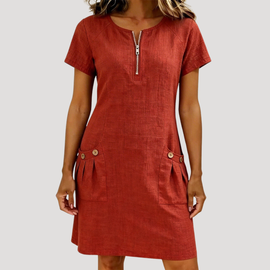Robe courte femme élégante et confortable, style décontracté chic, idéale printemps-été. Fermeture éclair.