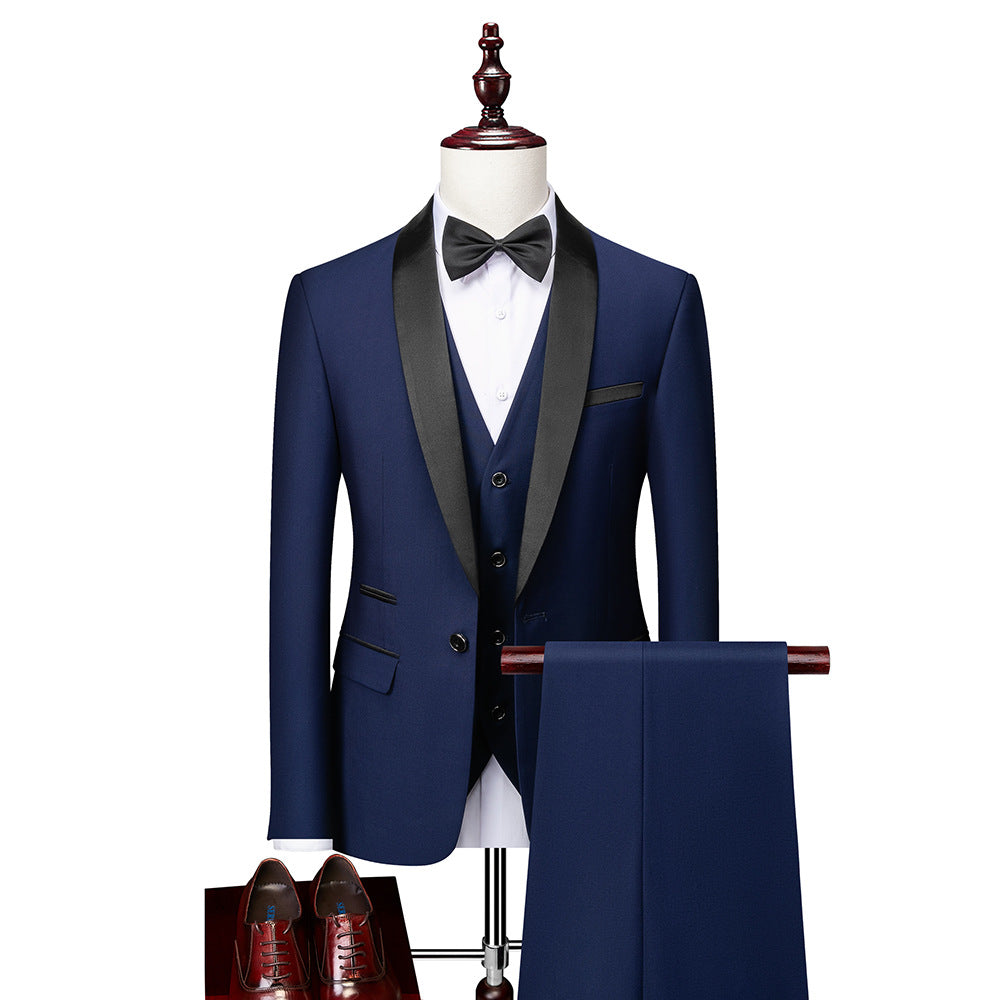Costume homme slim fit bleu marine 3 pièces, avec veste, gilet et pantalon, pour un look formel et ajusté.