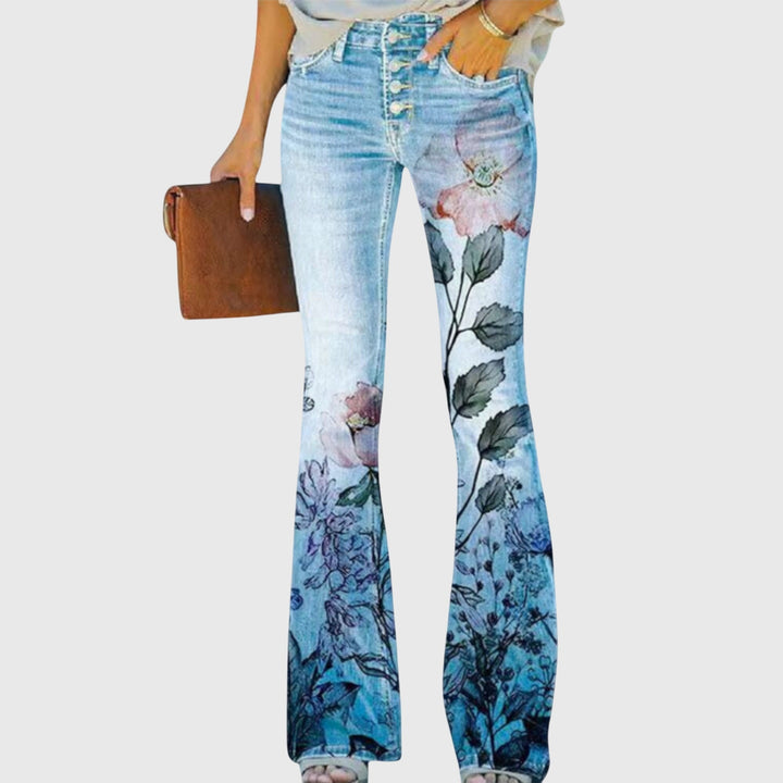 Pantalon femme évasé confortable à imprimé floral tendance, parfait pour un style chic décontracté.