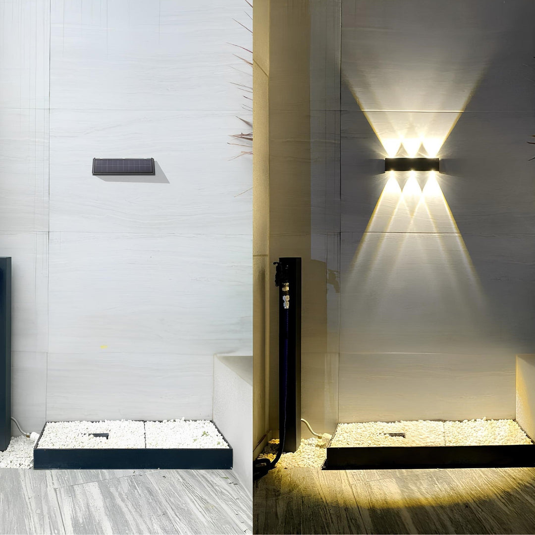 Applique murale solaire LED écologique, éclairage extérieur blanc chaud pour un jardin contemporain, sans fil.