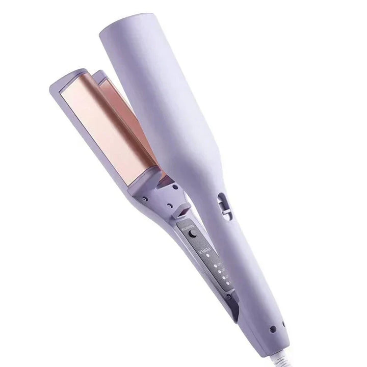 Fer à friser automatique rose/violet pour des boucles rapides, chauffe express et styling facile.