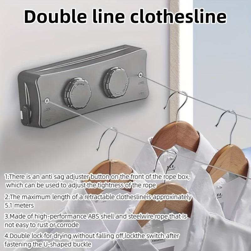 Étendoir double mural gain de place, rétractable pour un séchage facile du linge.