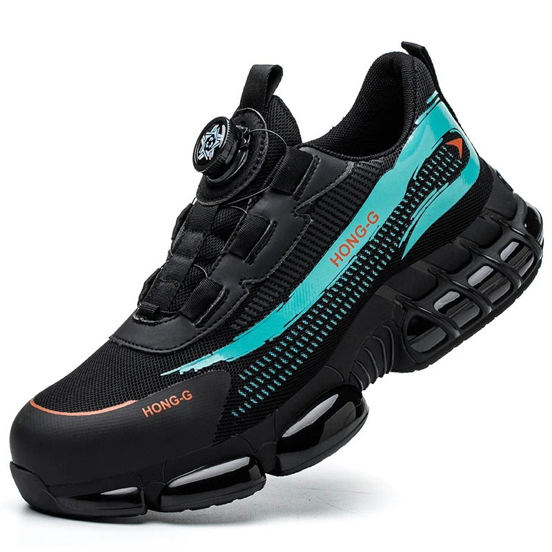 Chaussures de sécurité noires et grises pour homme et femme, anti-écrasement, avec laçage rotatif innovant.