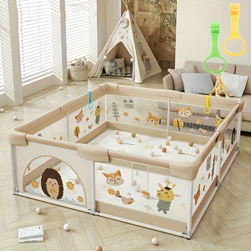 Boîte de jeu interactive sécurisée pour enfant avec motifs animaux colorés, idéale pour l'éveil et la sécurité des bébés.