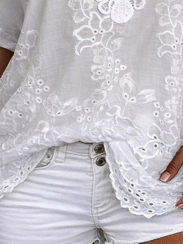 Encolure et manches d'une blouse femme fluide brodée florale. Style chic et estival.