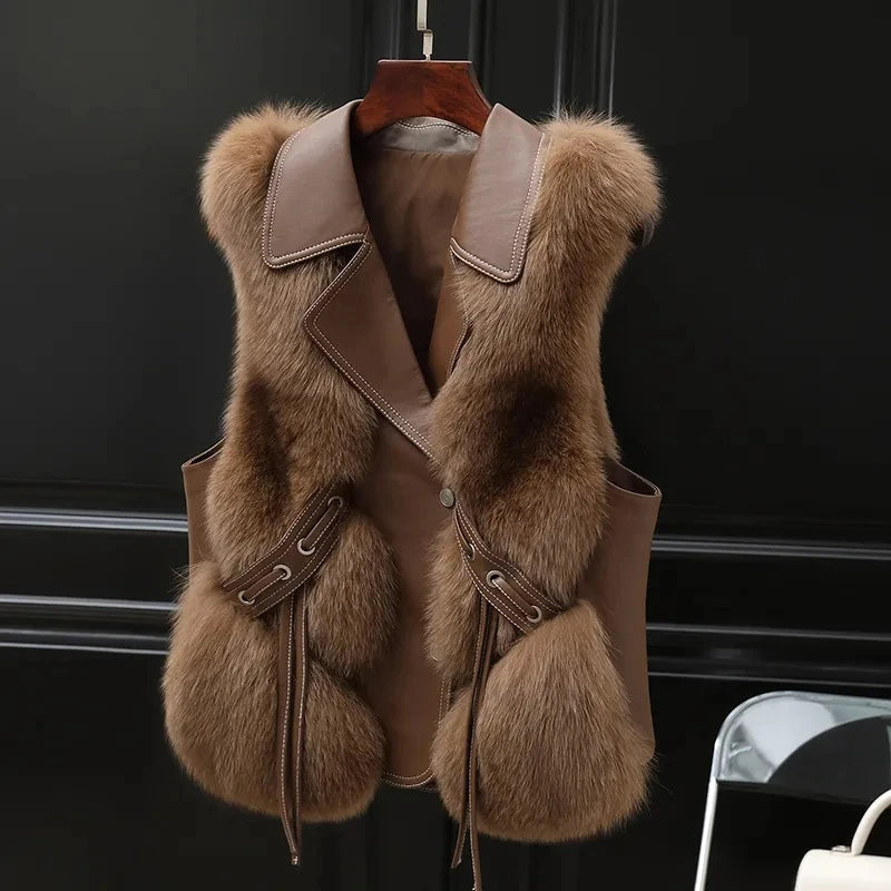 Gilet femme sans manches en fausse fourrure, ajustable et pratique, parfait pour la mode hivernale avec confort.