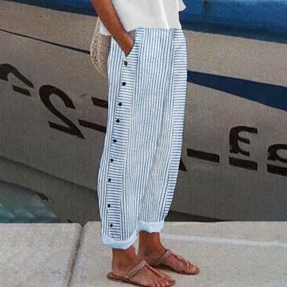 Pantalon Pia femme mode avec taille élastiquée, poches pratiques et tissu confortable, parfait pour un style décontracté.
