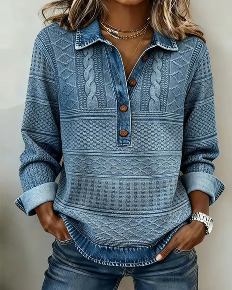 Haut femme élégant à col polo effet denim décontracté pour un style quotidien chic et tendance.