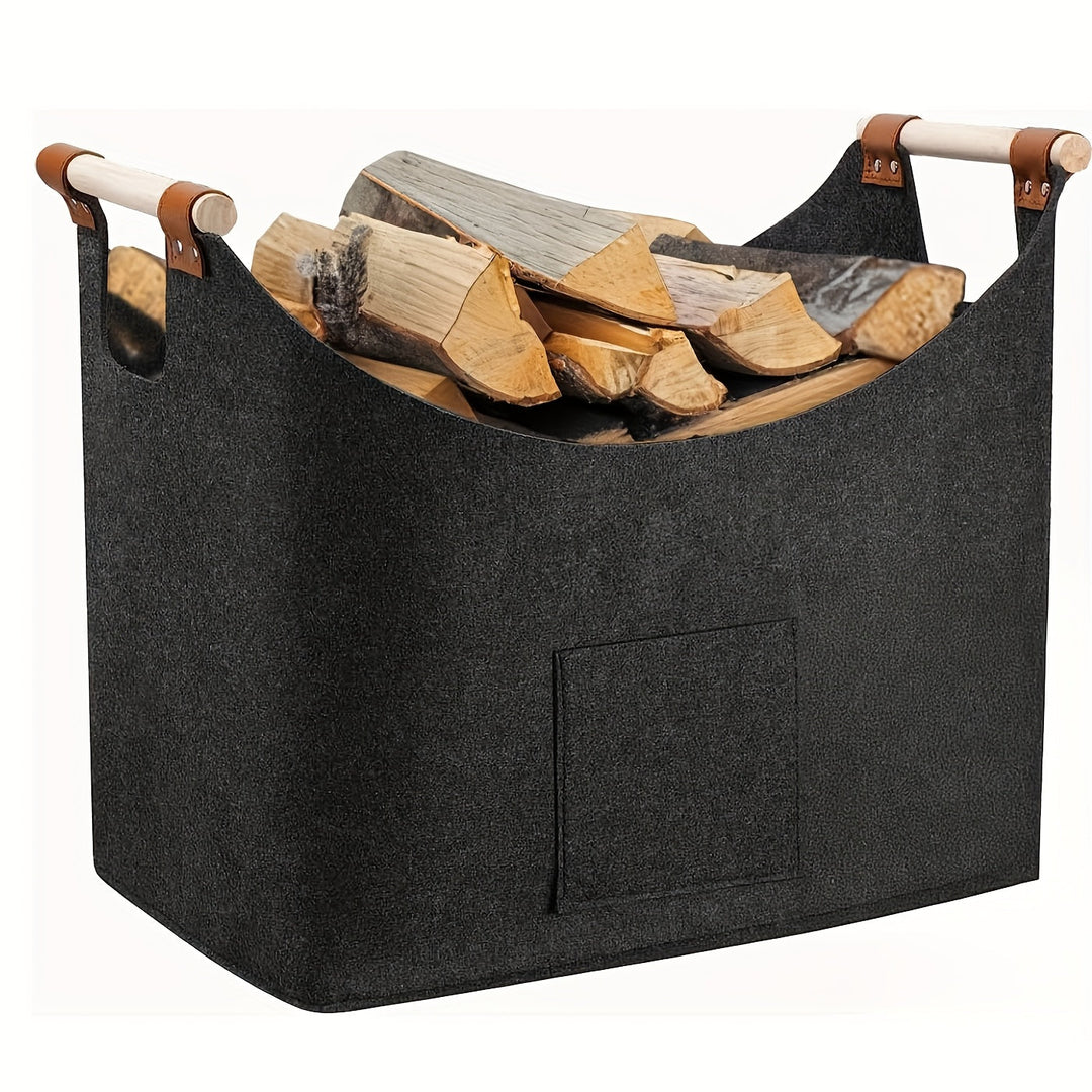 Panier rangement pliable XL feutre gris qualité, poignées bois robustes, pour organisation durable.