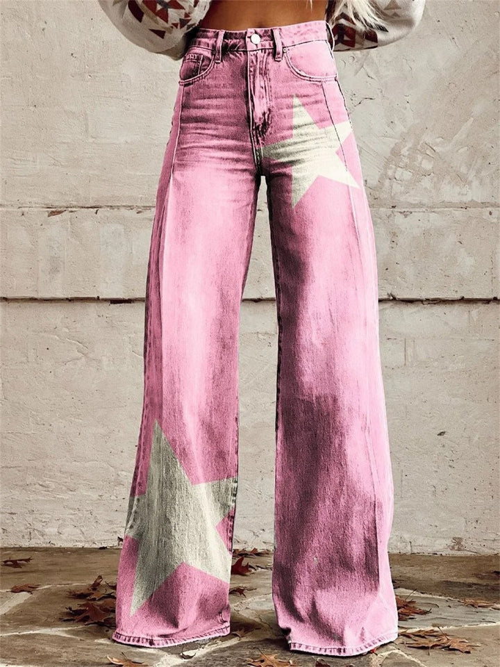 Pantalon fluide taille haute à jambes larges pour femme, motif étoiles. Pièce mode confortable et chic, parfait pour toute saison.