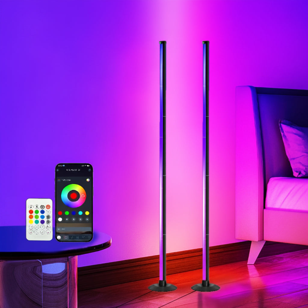 Luminaire lampadaire LED RGBIC noir pour salon. 140 cm, ambiance personnalisable avec app ou télécommande.
