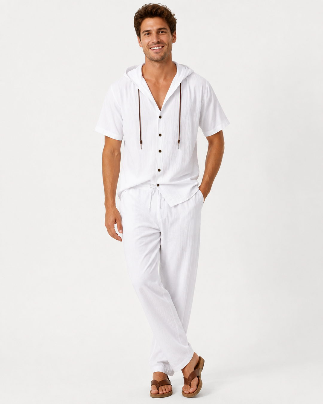 Ensemble hommes décontracté : T-shirt à capuche manches courtes et pantalon long pour l'été.