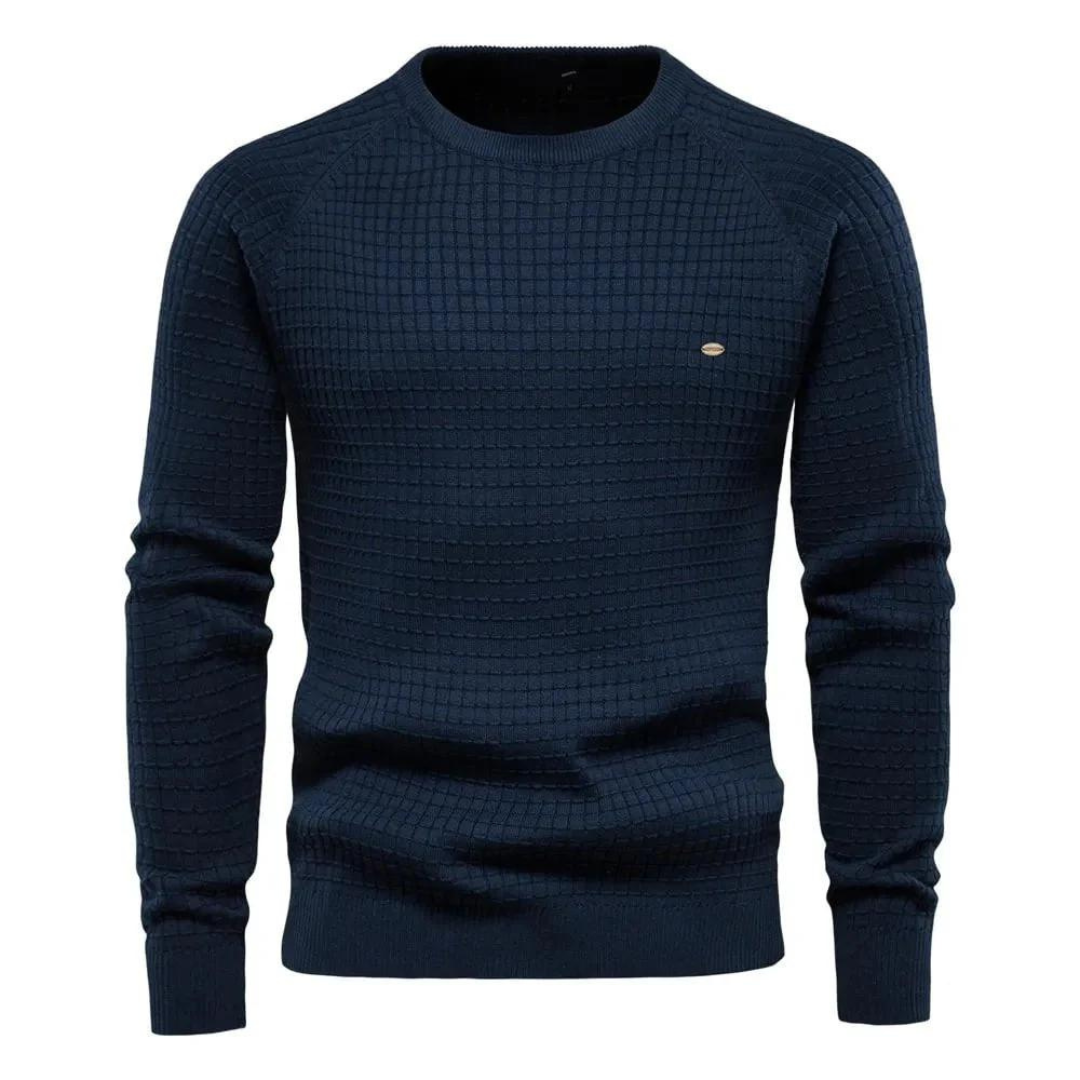 Modèle pull homme hiver, col rond, couleur beige. Chaleur et élégance pour les journées froides.