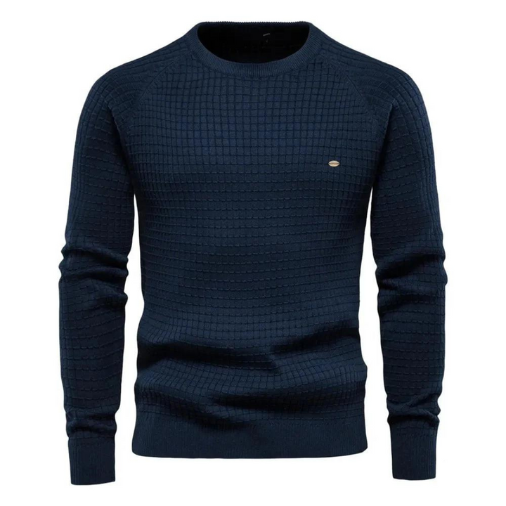 Modèle pull homme hiver, col rond, couleur beige. Chaleur et élégance pour les journées froides.