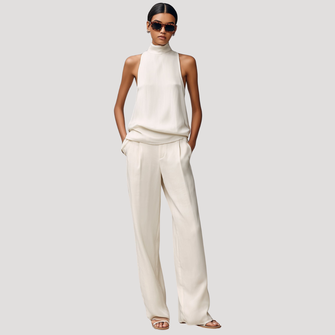 Mode femme: ensemble élégant, top sans manches et pantalon droit. Un vêtement polyvalent pour un style chic et actuel.