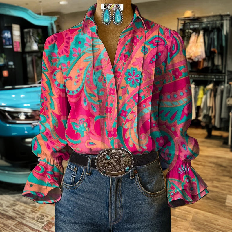 Blouse femme bohème chic, motif floral vintage pour printemps/automne. Disponible en grande taille, élégante.