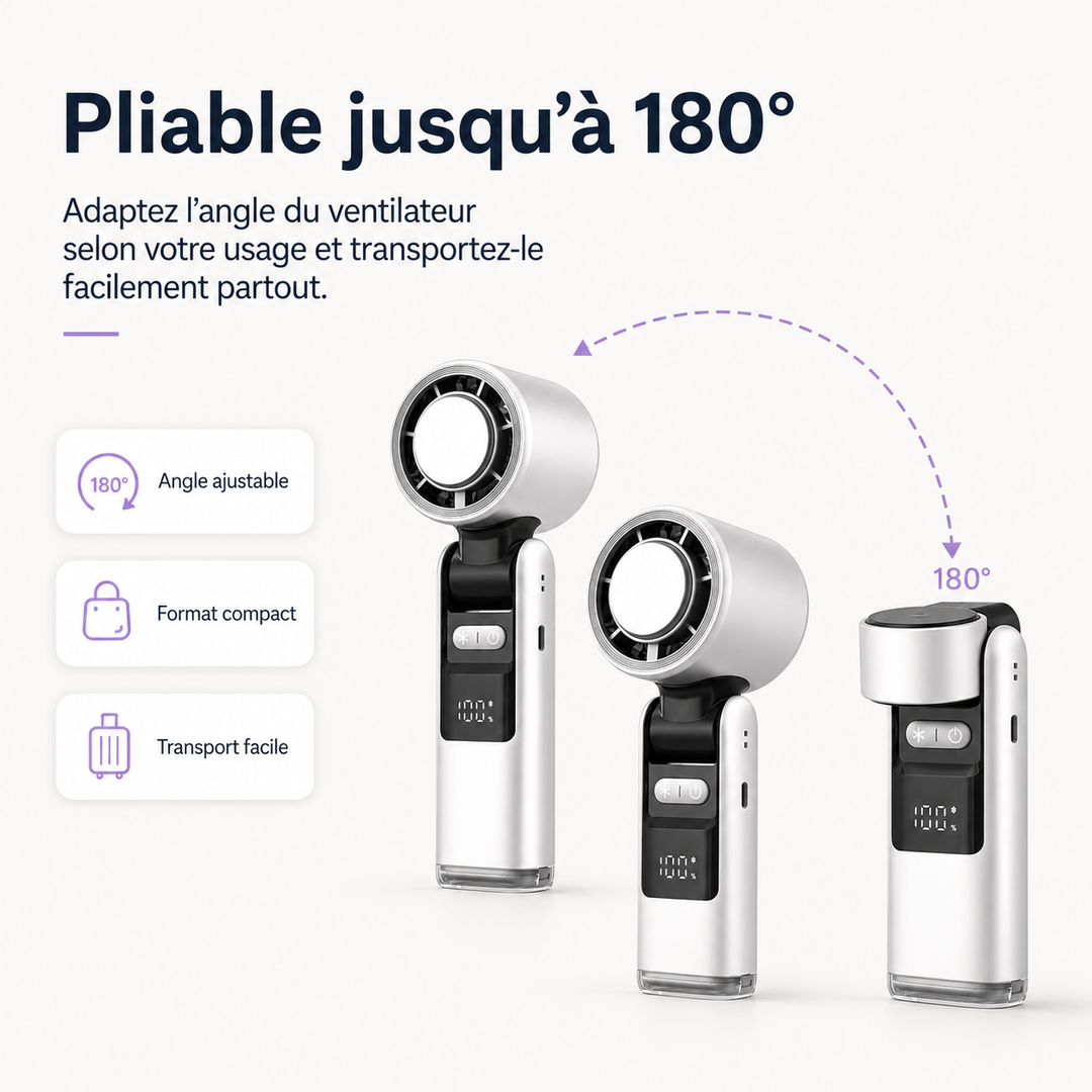 Appareil rafraîchissant portable avec écran numérique, batterie longue durée. Facilement pliable.