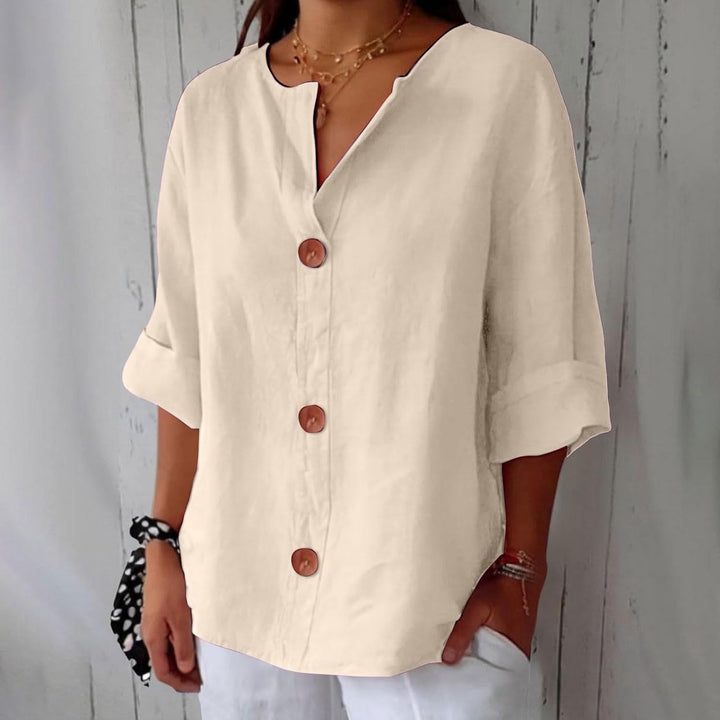 Blouse boutonnée multico femme, col tunisien, style bohème élégant et naturel.