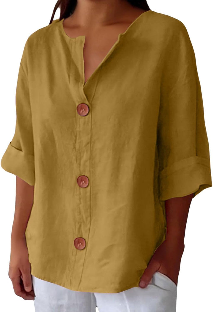 Blouse femme boutonnée, col tunisien, style naturel élégant, confort pour l'été.