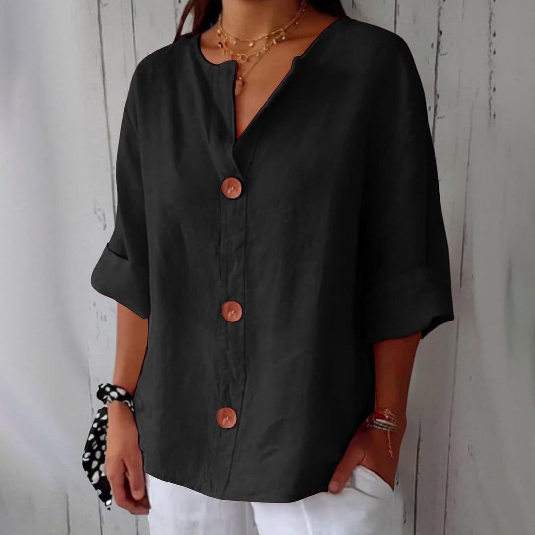 Blouse femme chic, col tunisien boutonnée, style naturel, élégance décontractée et confort.