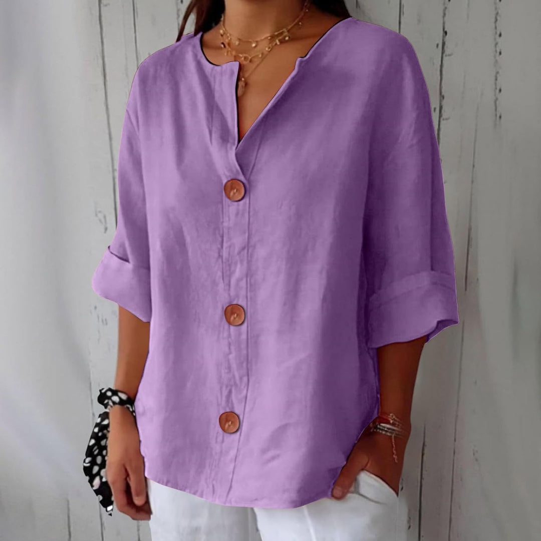 Chemisier femme multico chic, col tunisien, boutonnée, look décontracté naturel.