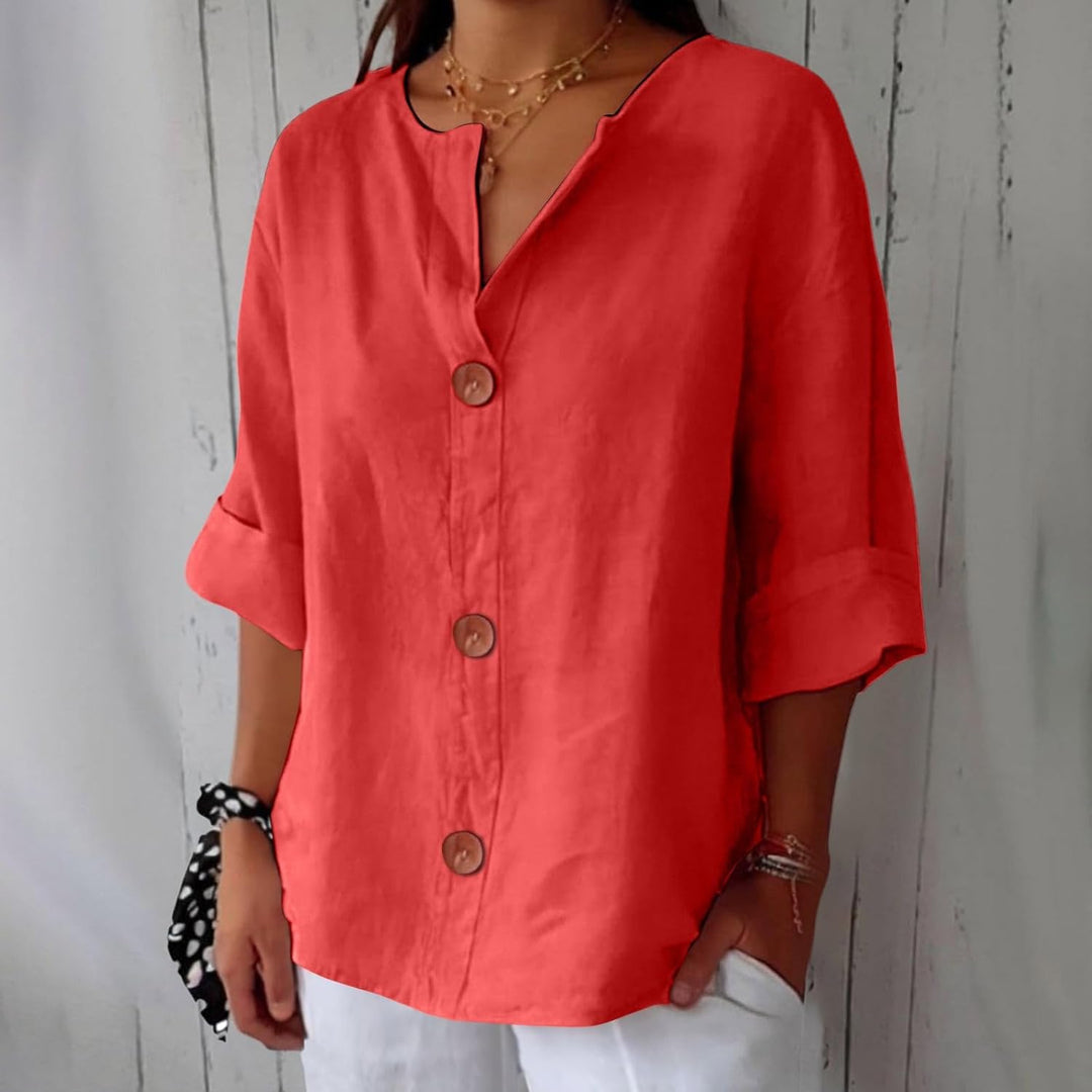 Blouse élégante femme, col tunisien, boutonnée, coupe ample, mode confortable.
