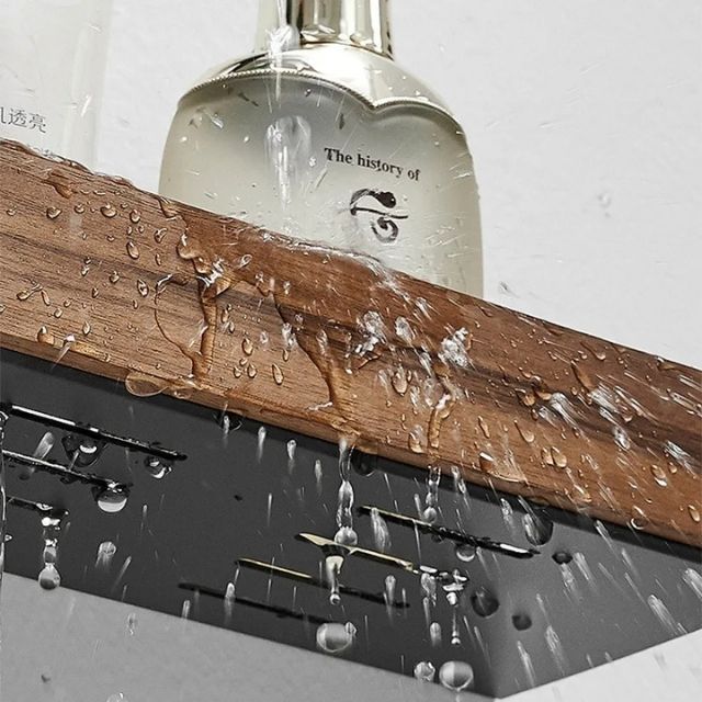 Étagère de salle de bain en bois massif, style naturel et durable. Fixation murale auto-adhésive pratique.