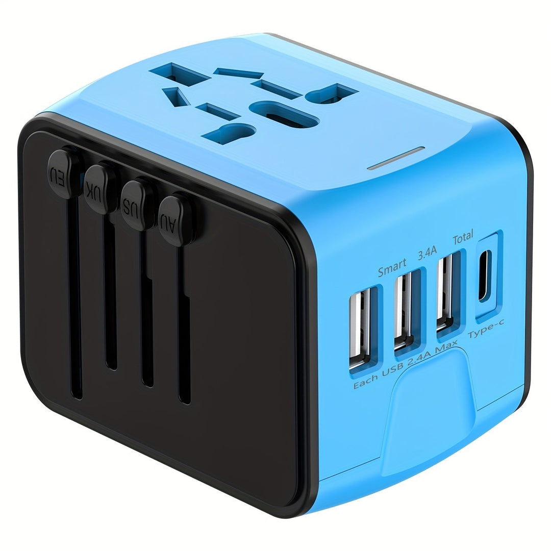Chargeur mondial de voyage, adaptateur universel avec 4 USB, Type-C et fonction de charge rapide.