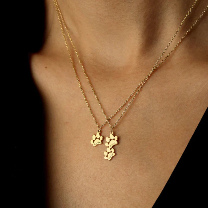 Collier femme avec empreinte de patte personnalisée, disponible en or, argent ou or rose, parfait pour fans de chats/chiens.