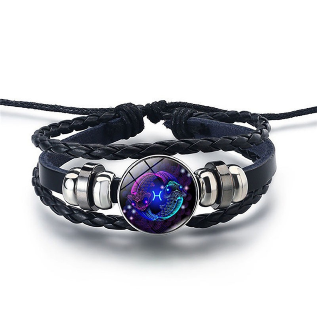 Bracelet en cuir et signe astrologique, conçu pour apporter équilibre, protection et spiritualité.