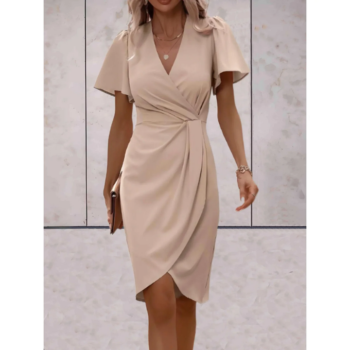 Robe portefeuille élégante femme, idéale soirées et cérémonies. Coupe midi, col V, manches longues.