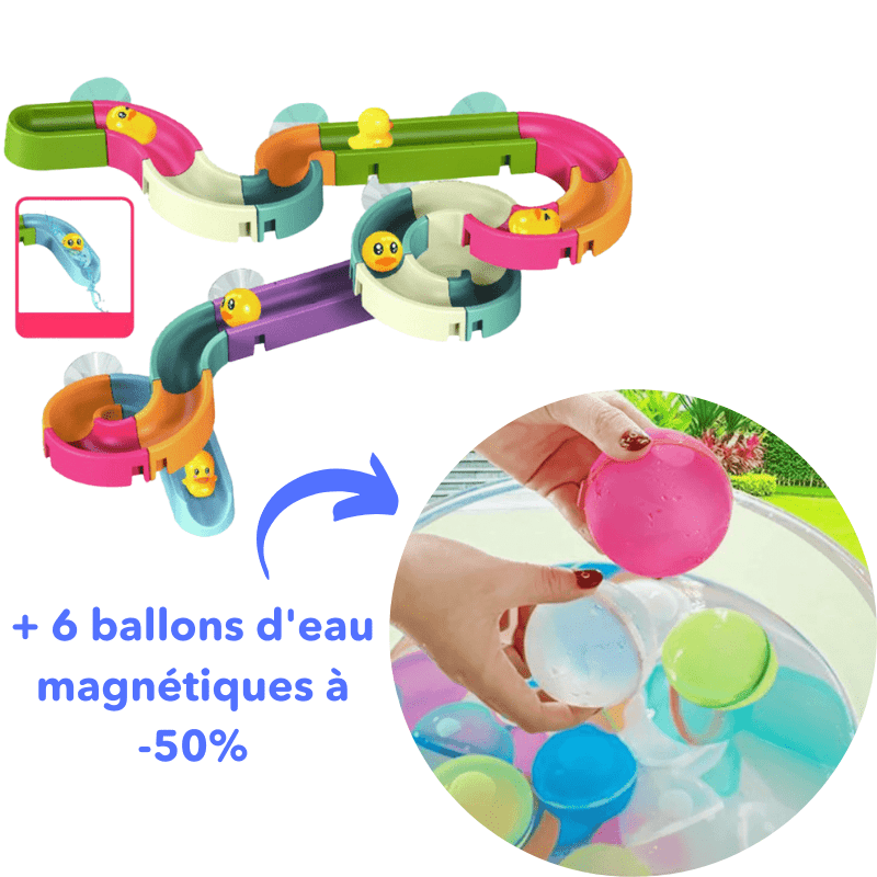 Ensemble de jouets de bain canards et toboggans, parfait pour divertir les enfants et les bébés pendant l'heure du bain.
