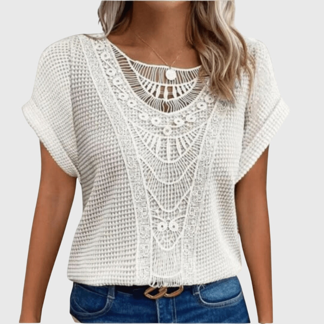 Blouse femme à la mode style Ibiza, élégante et confortable, dentelle délicate, chic pour le printemps été.