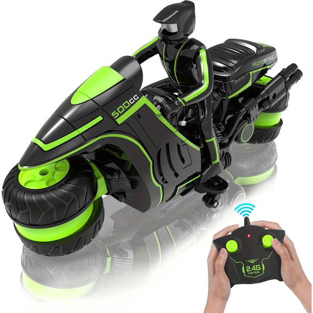 Ensemble moto stunt télécommandée et sa manette, offrant des cascades 360° et grande vitesse pour enfants.