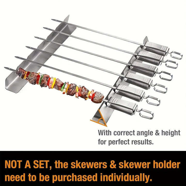 Support de brochettes élevé en acier inoxydable pour barbecue, cuisson uniforme et facile.